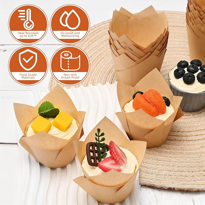 200pcs Natural Tulip Cupcake Liners, Premium Muffin Liners Holders for Baking Cups, Greaseproof Cupcake Wrappers in Standard Size, Classic Parchment Paper Cupcakes Liner by JIRNGLA