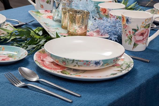 Bico Margret's Garden Pasta Bowls, 35oz Salad Bowl Set of 4, Large Ceramic Serving Dinner Bowls for Soup and Cereal, Microwave and Dishwasher Safe, Gift for Housewarming and Thanksgiving