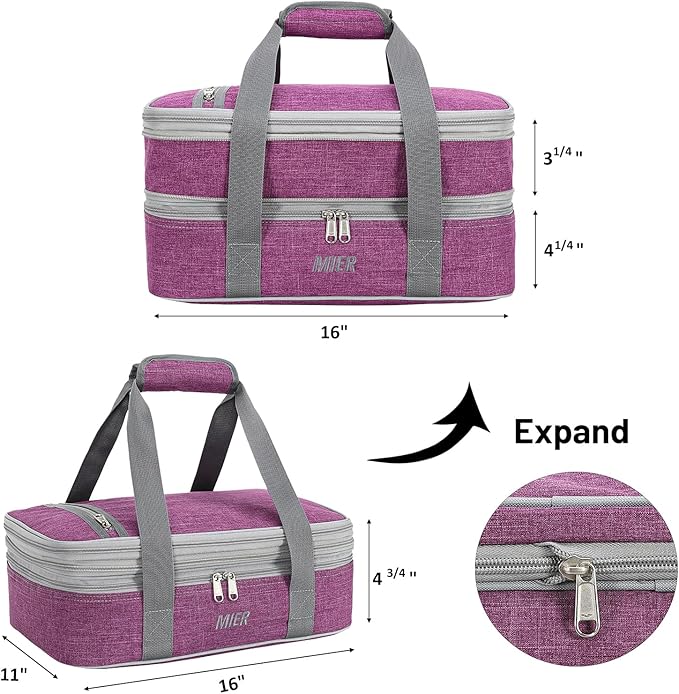 MIER Insulated Double Casserole Carrier Thermal Lunch Tote for Potluck Parties, Picnic, Beach, Fits 9 x 13 Inches Casserole Dish, Expandable by Mid Zipper, Purple