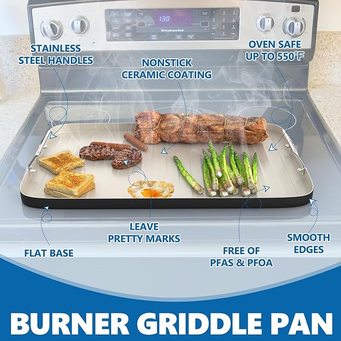 SafBbcue 20" x 13" Ridged Surface Griddle Pan, Double Burner Non-Stick Ceramic Coated, for Outdoor Gas Pellet Grill Stove Top, Oven & Broiler for Weber Charbroil Camp Chef Grill, Black