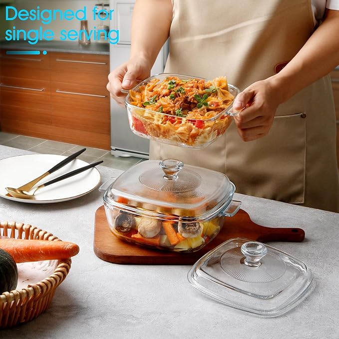 NUTRIUPS Mini Glass Casserole Dish with Lid Oven Safe Square Casserole Dish Set 2 Pack (5.9in+6.8in) Microwave Bowl With Glass Lid （0.8L+1.2L）