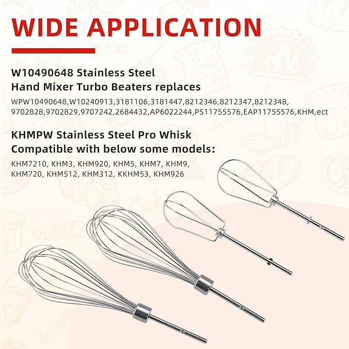 W10490648 Hand Mixer Turbo Beaters KHM2B (2 Pack) & KHMPW Stainless Steel Pro Mixer Whisk Attachment(2 Pack) Fit for Kitchen Mixer KHM Series by Fetechmate