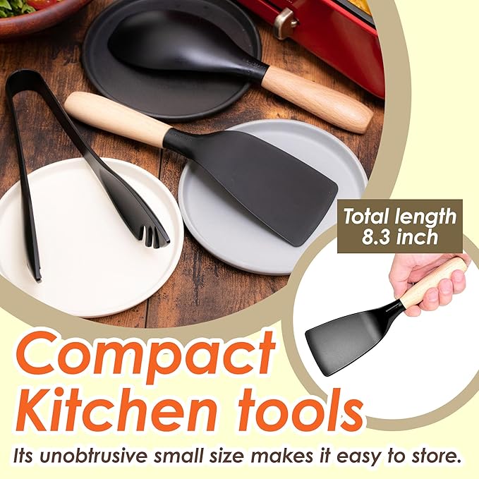 Short Spatula, Stylish Kitchen Tool, Flexible Non Stick Heat Resistant Nylon Turner Spatula, Wooden Short Handle, Cooking for Fish, Eggs, Pancakes
