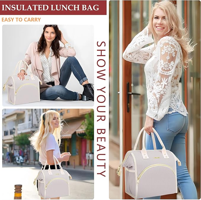 LOKASS Lunch Bag Women Insulated Lunch Box Wide-Open Lunch Tote Bag Large Cooler Bag for Work Picnic Hiking Beach（Light Gray）