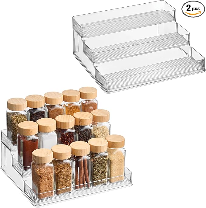 iDesign 3-Tier Spice Rack Organizer for Cabinets, Pantry or Countertop, Set of 2, Clear, Made in USA