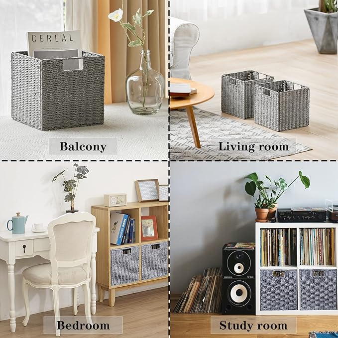 Vagusicc Wicker Basket, Set of 2 Hand-Woven Wicker Storage Basket, Foldable 11 inch Cube Storage Bins, Storage Baskets for Organizing Shelves, Closet Organizers and Storage Bins, Gray (11″×11″×11″)