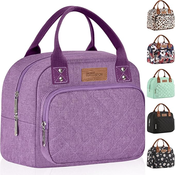 HOMESPON Lunch Bag for Woman Man Adults with Front Pocket Insulated Lunch Tote Lunch Box Container for Work Picnic or Travel(Purple)