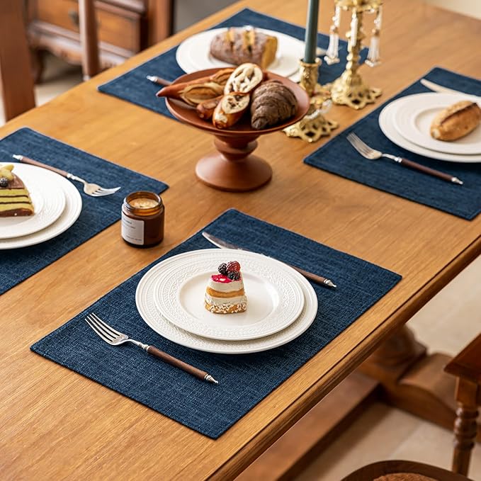 KXN Placemats Set of 8, Dual-Layer Thickened Faux Linen Table Mats, Heat Resistant & Wrinkle-Free, Machine Washable Cloth Place Mats for Kitchen Dining Indoor Outdoor (Navy Blue)