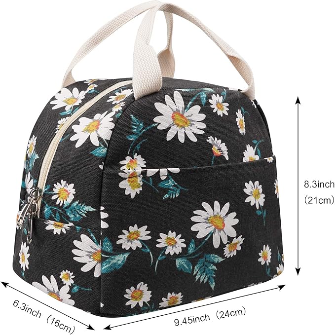 EurCross Women's Lunch Bags for Work with Chic Floral Daisy Pattern,Canvas Stylish and Insulated Black Lunch Tote Bento box Bag Carrier of On-the-Go Storage