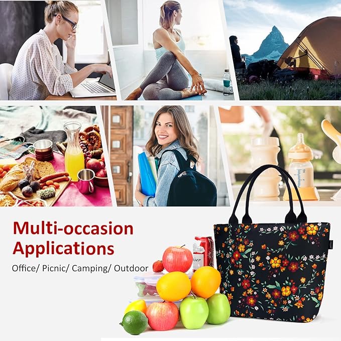 Gloppie Lunch Bag Women Insulated Lunch Box Leakproof Lunch Tote Bag for Work Cute Cooler Bags Stylish Flower