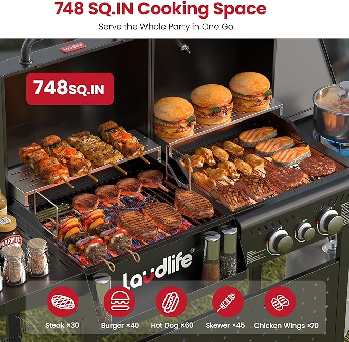 Charcoal Gas Grill Combo with Side Burner, 30,000 BTU Propane BBQ Grill, 748 SQ.IN Cooking Space, Non-Stick Porcelain Enamel Grates, Heavy-Duty Stand for Backyard Outdoor Barbecue