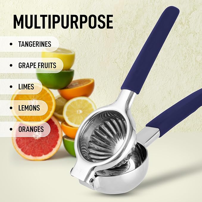 Zulay Kitchen Lemon Squeezer Stainless Steel with Premium Heavy Duty Solid Metal Squeezer Bowl and Food Grade Silicone Handles - Large Manual Citrus Press Juicer and SS Lime Squeezer (Navy)