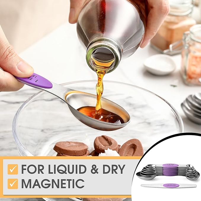 Spring Chef Magnetic Measuring Spoons Set, Dual Sided, Stainless Steel, Fits in Spice Jars, Orchid, Set of 8, 2 Pack