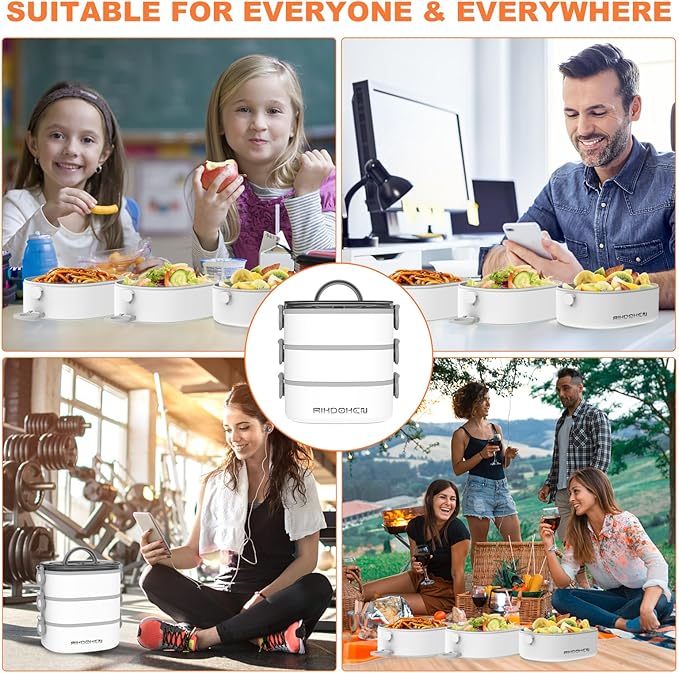 Lunch Box, Stackable 3 Layers Containers, Portable 94OZ Large Capacity Leakproof Bento Box with Spoon & Fork & Sauce Boxes, Microwave Safe Lunch Box for Kids and Adults