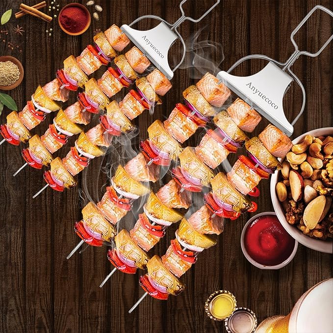 Skewers for kabobs,4-PCS 14 Inch 3-Prong Kabob Skewers for Grilling,Stainless Steel Skewer,With Push Bar Reusable Metal Skewer,Kabob Sticks,Perfect For Meat,Chicken,Sausages,Veggies,shrimp