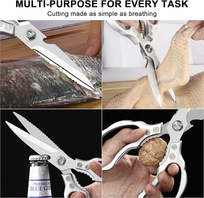 CGBE Kitchen Scissors, Multi-Purpose Kitchen Shears, Heavy Duty Dishwasher Safe Food Scissors for Chicken, Poultry, Fish, Meat & Herbs with Non-Slip Grips - Sliver
