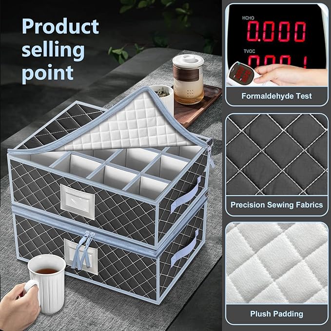 VERONLY China Dinnerware Storage Containers Set- Dish,Mug,Stemware Storage Cases - Quilted Box Bins Stackable with Divider,handles,Clear Window for Cups,Plates,Wine Glasses Moving Set of 6 (Grey