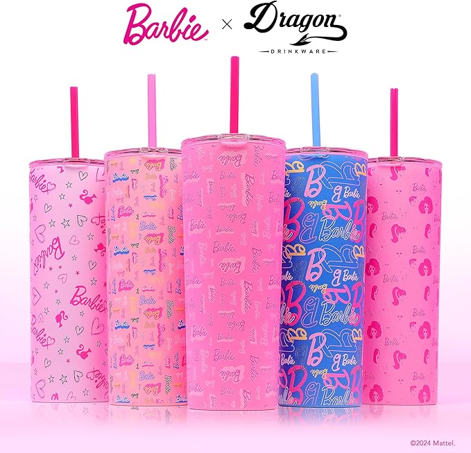 Dragon Glassware x Barbie Vacuum Insulated Tumbler with Lid and Straw - 24 oz Tumbler Cup with 2 Straws - Stainless Steel Tumbler with Straw for Water, Iced Tea - Travel Coffee Tumbler - Love Out Loud