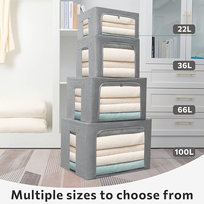 FHSQX Extra Large Clothes Storage Bins Foldable Metal Frame Storage Box Stackable Linen Fabric Box Organizer Set with Carrying Handles and Clear Window -100L (Gray, 23.6x 16.5x 15.7 Inch)