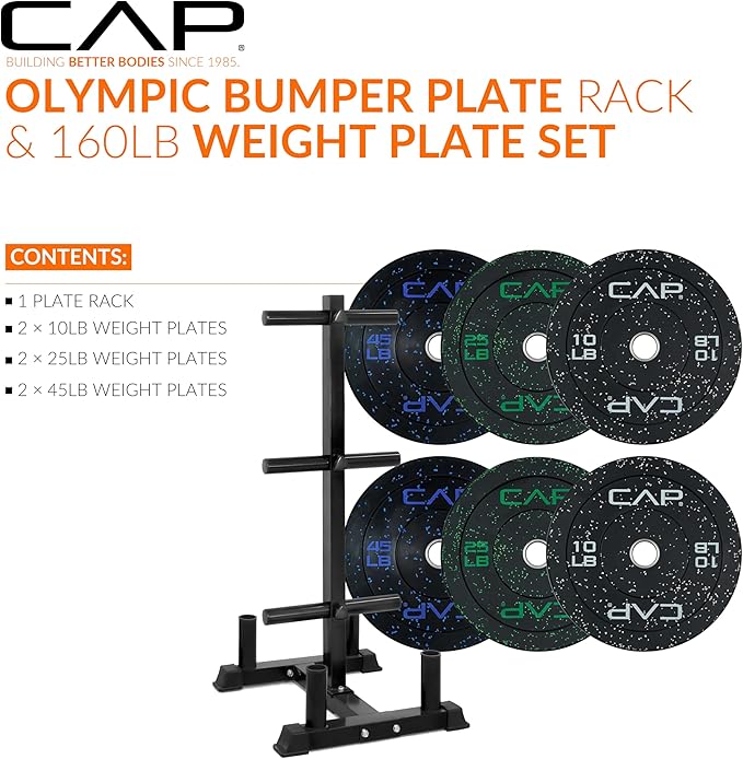 CAP Barbell 2-Inch Olympic Bumper Plate Weight Set with 6 Post Rack | 100-370 lbs | Multiple Options