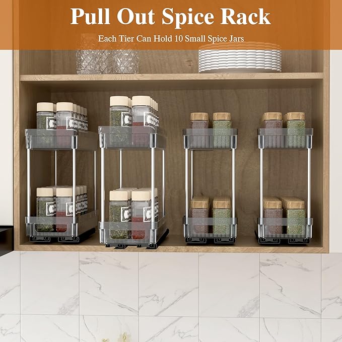 2 Pack Pull Out Spice Rack Organizer for Cabinet, 2 Tier Slide Out Spice Racks Organizer, Spice Cabinet Organizers, Cabinet Size Need:12'' High x 11'' Deep x 5'' Wide, Clear Acrylic