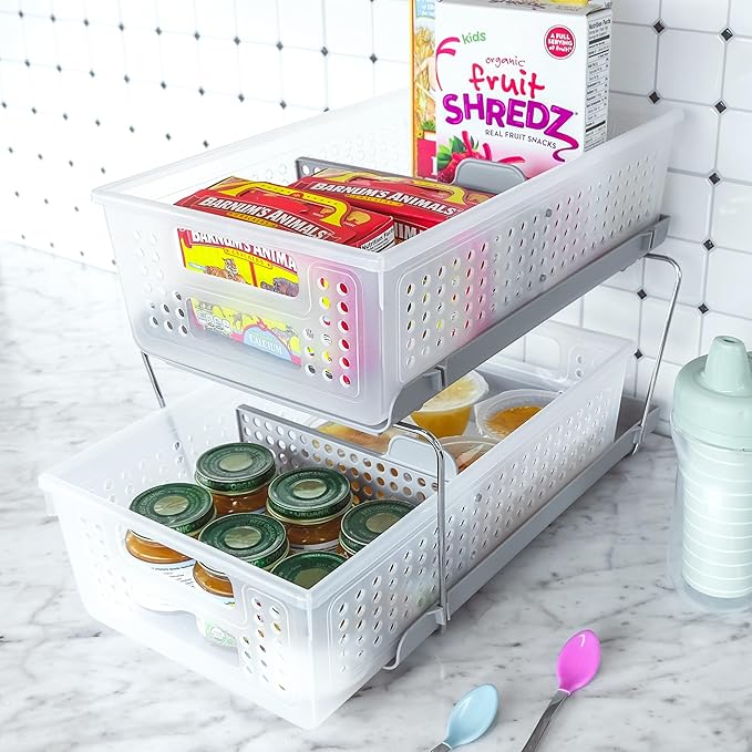 madesmart 2-Tier Organizer, Slide-Out Storage for Home and Bath, Frost