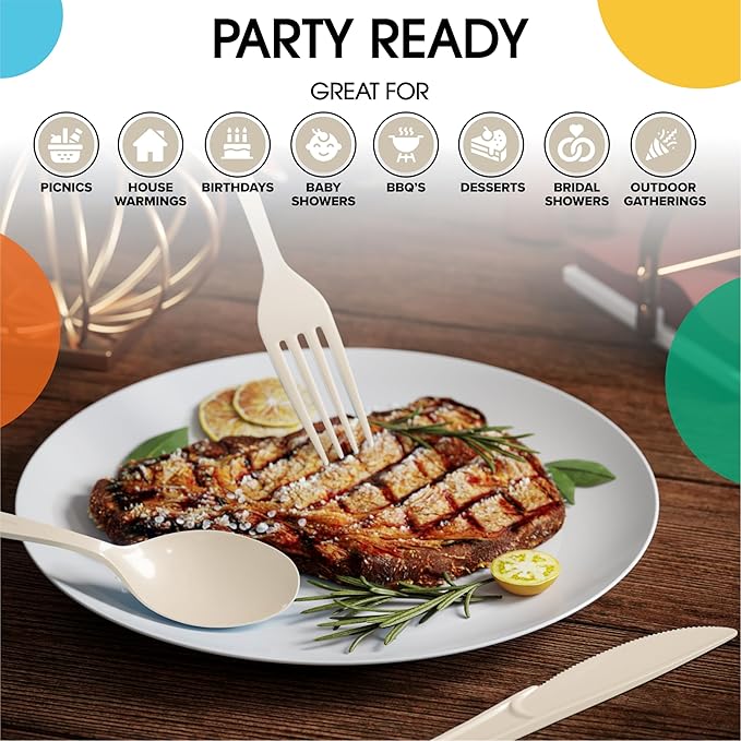 Party Solids Ivory Plastic Silverware Heavy Duty 300 Pieces Ivory Plastic Cutlery Sets, Utensil Sets, 100 Of Each Forks, Knives & Spoons Disposable Cutlery Set, Flatware Set For Party Supplies