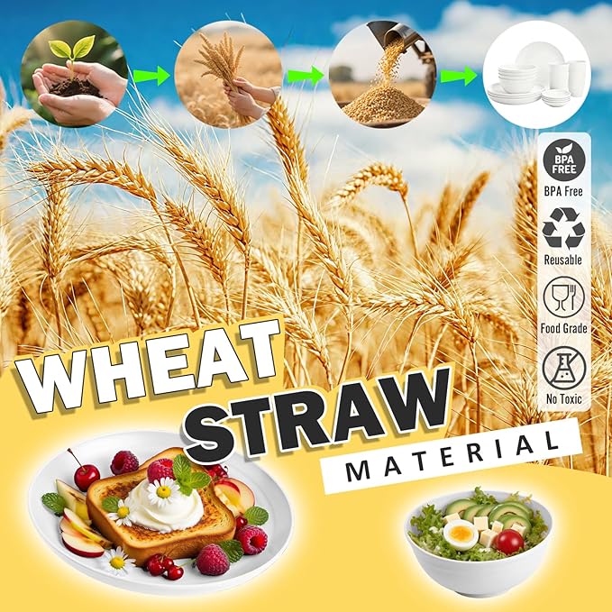 Wheat Straw Plates and Bowls Sets of 16，Unbreakable Dinnerware Sets for 4, Microwave & Dishwasher Safe Kids Dish Set for Kitchen, Outdoor, Camping, Party, RV- White