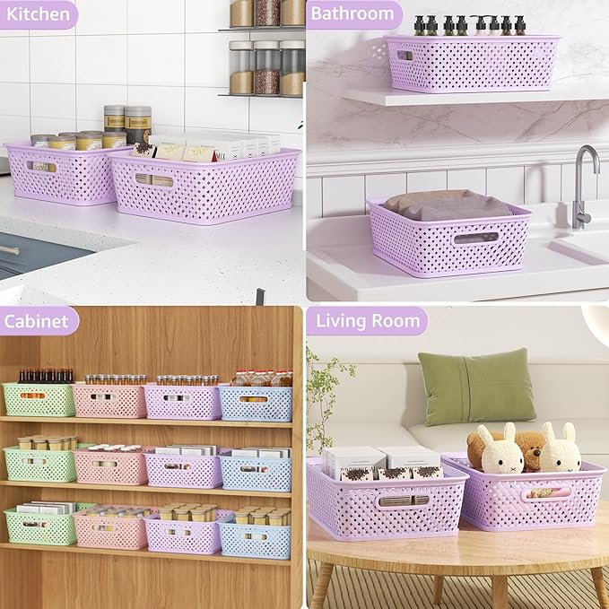 MaxGear Organization and Storage 3 Packs, Plastic Bins Organizer Bin, Woven Baskets for Storage, Plastic Baskets with Handles, Purple Basket for Organizing, Basket Organizer for Home and Office, Large