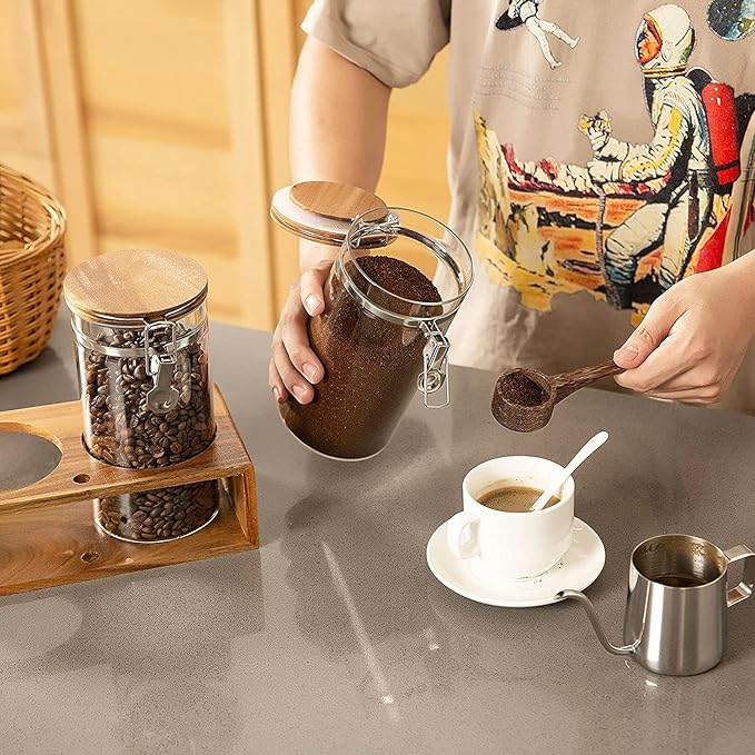Yangbaga Glass Coffee Container with Wooden Shelf,2×45OZ Coffee and Sugar Container Set,Coffee Canisters with Airtight Lids and Scoop,Large Capacity Food Storage Jars for Coffee Beans,Nuts,Tea,Sugar