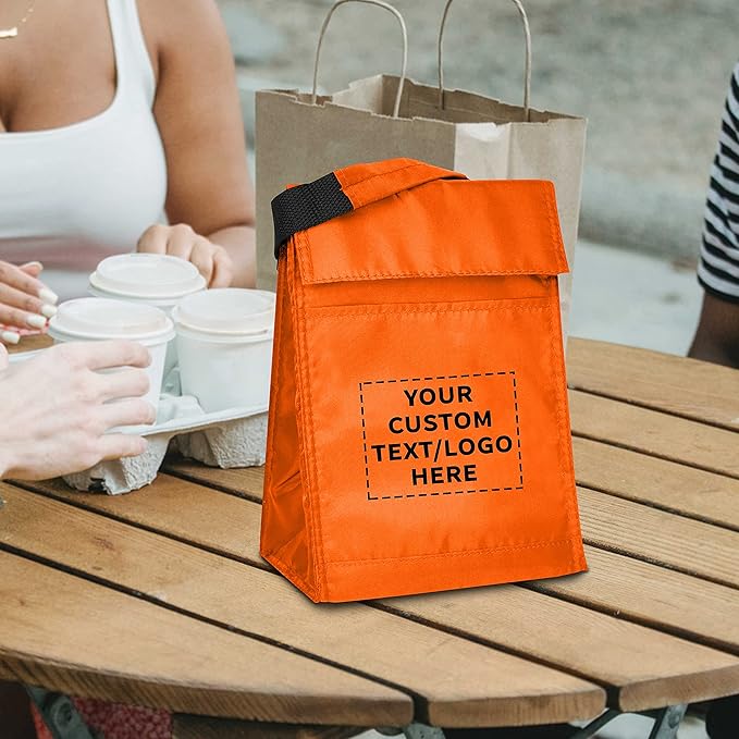 DISCOUNT PROMOS 10 Hook and Loop Insulated Lunch Bags Set - Customizable Text, Logo - Polyester, Durable, Vibrant, Reusable - Orange