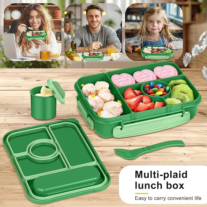 Bento Box Adult Lunch Box Kids,Lunch Containers for Adults/Kids/Toddler,5 Compartments Bento Lunch Box with Sauce Vontainers,Microwave & Dishwasher & Freezer Safe,BPA-Free (Emerald green)