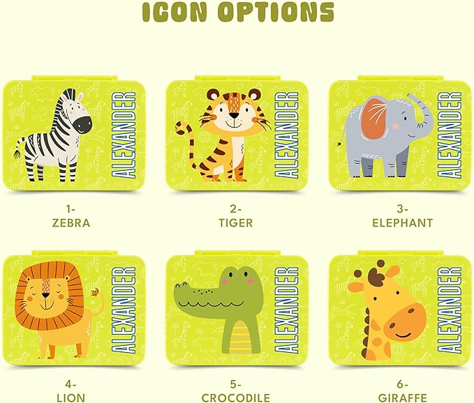 Personalized Bento Box for Kids with Safari Icon and Name - Yellow - 5 Compartments Drop-Proof Bento Box, Dishwasher Safe, Made with BPA-Free Materials, Bento Lunch Box for Kids and Toddlers