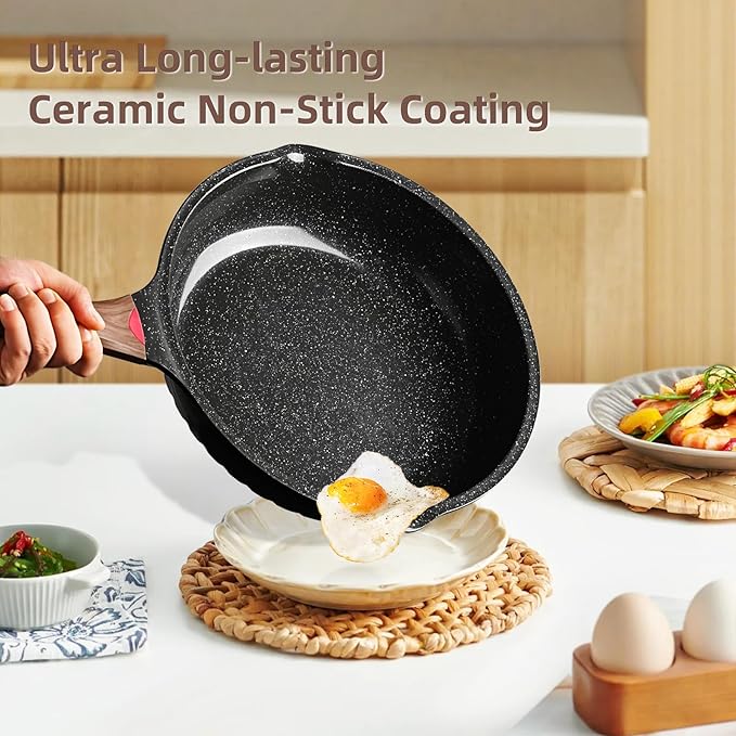Vinchef Non Stick Frying Pans Set,10" & 12" Ceramic Pan with Lid, Deep Frying Pan & Saute Skillet, PFAS PFOA & PTFE Free, Visual Heat Indicator, Induction Ready, Frying Pans Nonstick Skillet with Lid