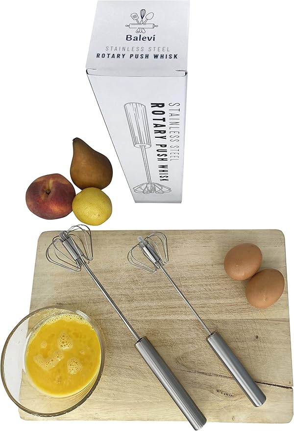 Stainless Steel Push Whisk - Easy to Use Manual Hand Mixer & Plunger Whisk - Make Froth, Foam & Whipped Cream - Semi Auto Egg Beater Plastic Tip Won’t Scratch Pans (2 Pack 10in & 12in) STEEL