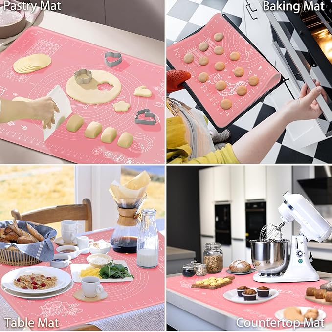 Silicone Pastry Mat 28" x 20" Extra Thick Non Stick Baking Mat with Measurements and Edge Heightening, Food Grade Silicone Rolling Mat for Pastry, Bread, Cookies, Pizza, Fondant, Pasta - Pink