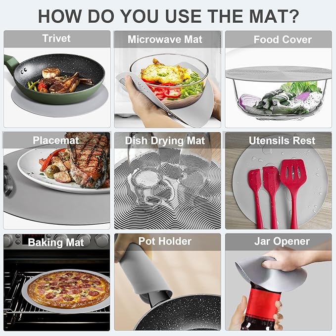 Pack 2, LekDrok Microwave Food Cover with Mat 10 Inch, Mat as Bowl Holder, Cover for Splatter Guard, Collapsible Lid for Plate, Multi-Use Silicone Mat & Kitchen Colander Gadget for Meal Prep, Charcoal