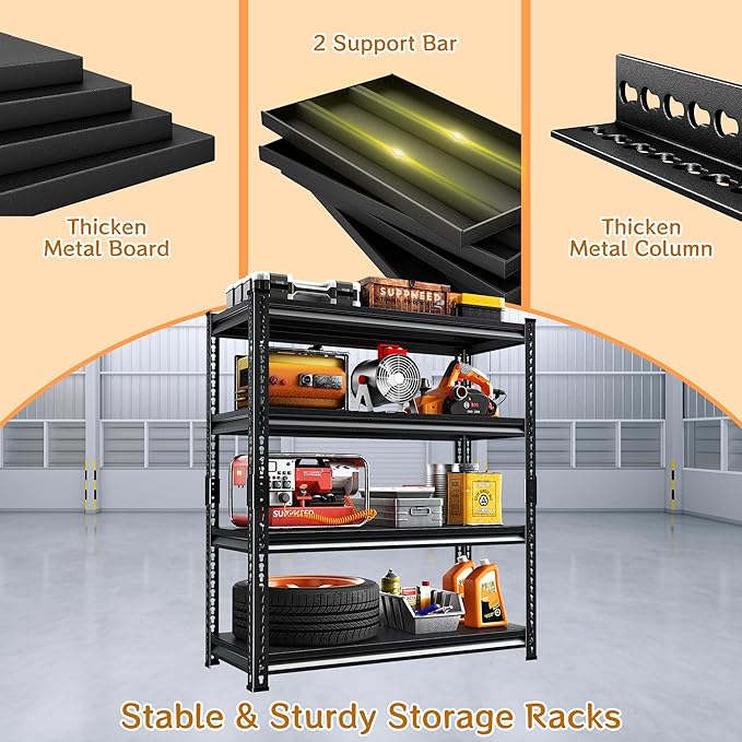 Adjustable Shelving Units and Storage, 48”W Garage Shelving Heavy Duty,2000LBS Loads 4-Tier Garage Storage Shelves, Metal Shelves for Living Room,Pantry,48”W×16”D×72”W,Black
