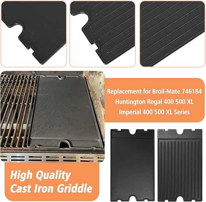2-in-1 Reversible 19.25” x 11.75” Pre-Seasoned Cast Iron Cooking Griddle for Regal/Imperial Models Grill 11239, Flat Griddle Top Plate for Gas Stove/Charcoal/Electric/Propane/Gas Grill