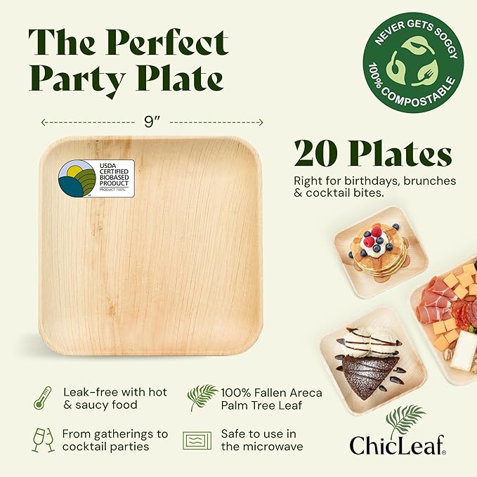 Chic Leaf Palm Leaf Disposable Bamboo Plates - Party Plates for Weddings & Event Appetizers - Biodegradable & Compostable - Party Supplies (9", 20 Pack)