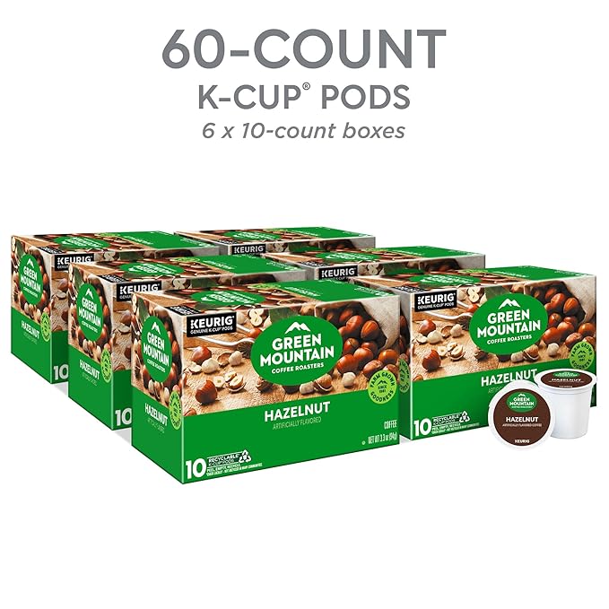 Green Mountain Coffee Roasters Hazelnut, Keurig Single Serve K-Cup Pods, Light Roast Coffee, 60 Count, (6 Packs of 10)