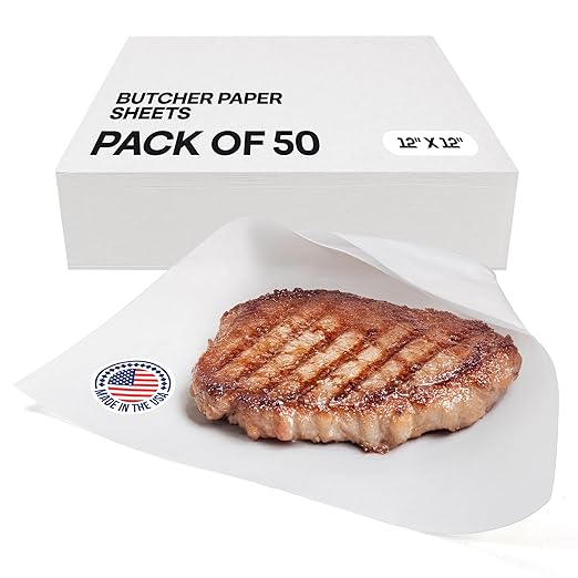 White Butcher Paper Sheets 12" x 12", Pack of 50 - USA-Made Natural Precut Butcher Paper for Smoking, Grilling & BBQ - Unwaxed, Uncoated, Untreated Food Wrapping Sheets for Cooking by IDL Packaging
