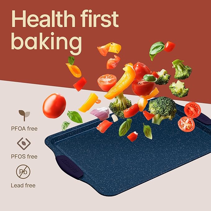 BAKKEN Kitchen Baking Pan Set - Nonstick Coating, Carbon Steel Bakeware Sets with Blue Silicone Handles, Baking Kitchen Essentials, PFOA, PFOS, PTFE Free, Oven Safe Tray (Up To 450° F), Set of 3