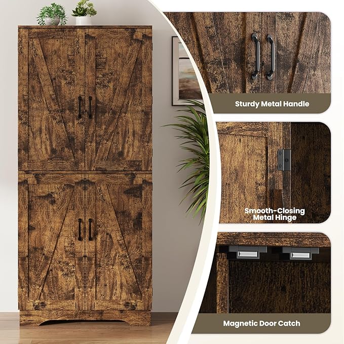 71" Tall Kitchen Pantry, Farmhouse Storage Cabinet with Doors, Shelves, Rustic Wood Cupboard, Built-in Wine Storage Grid & 6 Door Shelves for Kitchen, Dining Room, Rustic Brown