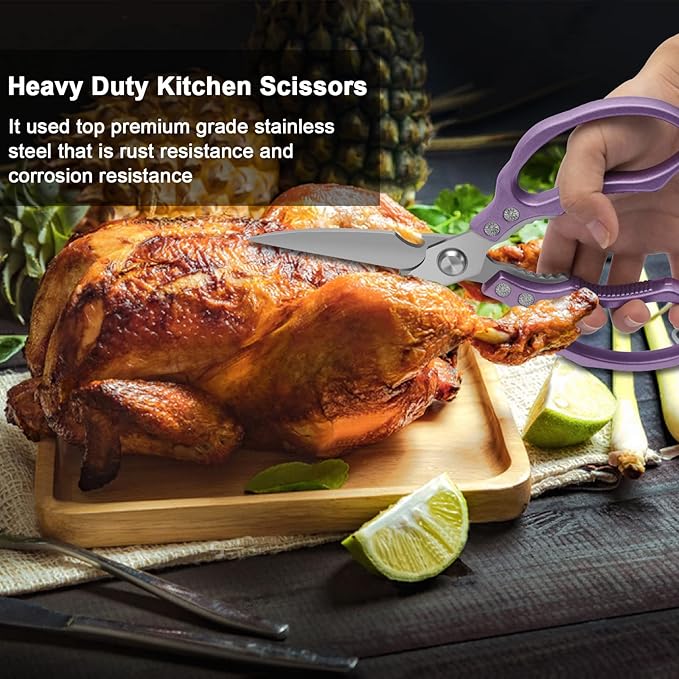 CGBE Kitchen Scissors All Purpose Heavy Duty, Ultra Sharp Stainless Steel Kitchen Shears Dishwasher Safe, Cooking Shears for Chicken, Poultry, Fish, Meat, Herbs & Grapes with Non-Slip Grips - Purple