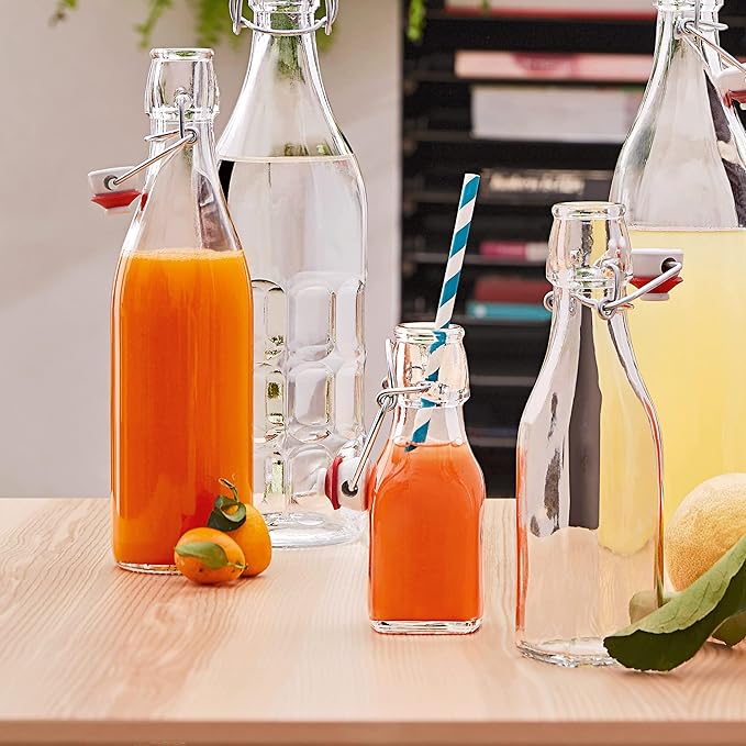 Bormioli Rocco 17oz Swing Bottle (Set of 4) - Reusable Glass Bottles with Airtight Leakproof Swing Tops, BPA-Free Office Water Bottle, Great for Homemade Syrups, Dressings, Infused Oils, Fresh Juices