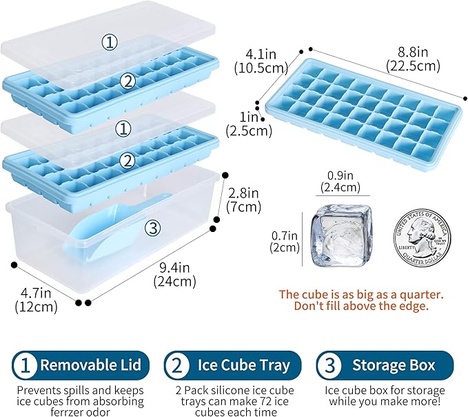 Food-grade Silicone Ice Cube Tray with Lid and Storage Bin for Freezer, Easy-Release 2 * 36 Small Nugget Ice Trays 1 ice Bucket & Scoop, Flexible Ice Cube Molds with Ice Container