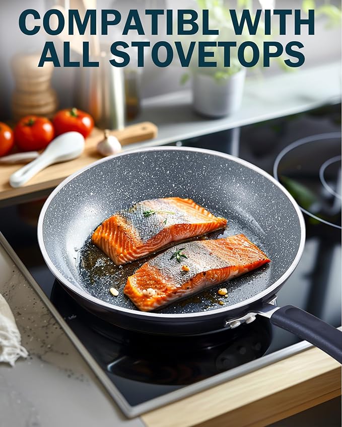 Cook N Home 8"/10"/12" 3 Pieces Frying Saute Pan Set with Non-stick Coating and Induction Compatible bottom, Black