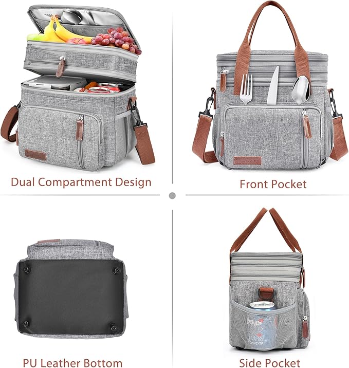 Lunch Box & Lunch Bag for Women Men, Large Insulated Adult Lunch Box Leakproof Lunchbox Cooler Bag for Work Picnic Beach,16L, Gray