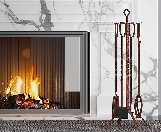 Fire Beauty 5 Pieces Fireplace Tools Sets Fireplace Accessories Tools Holder with Handles Tools for Indoor Fireplace Decor Outdoor Fire Pit Modern Tool(Antique Bronze)